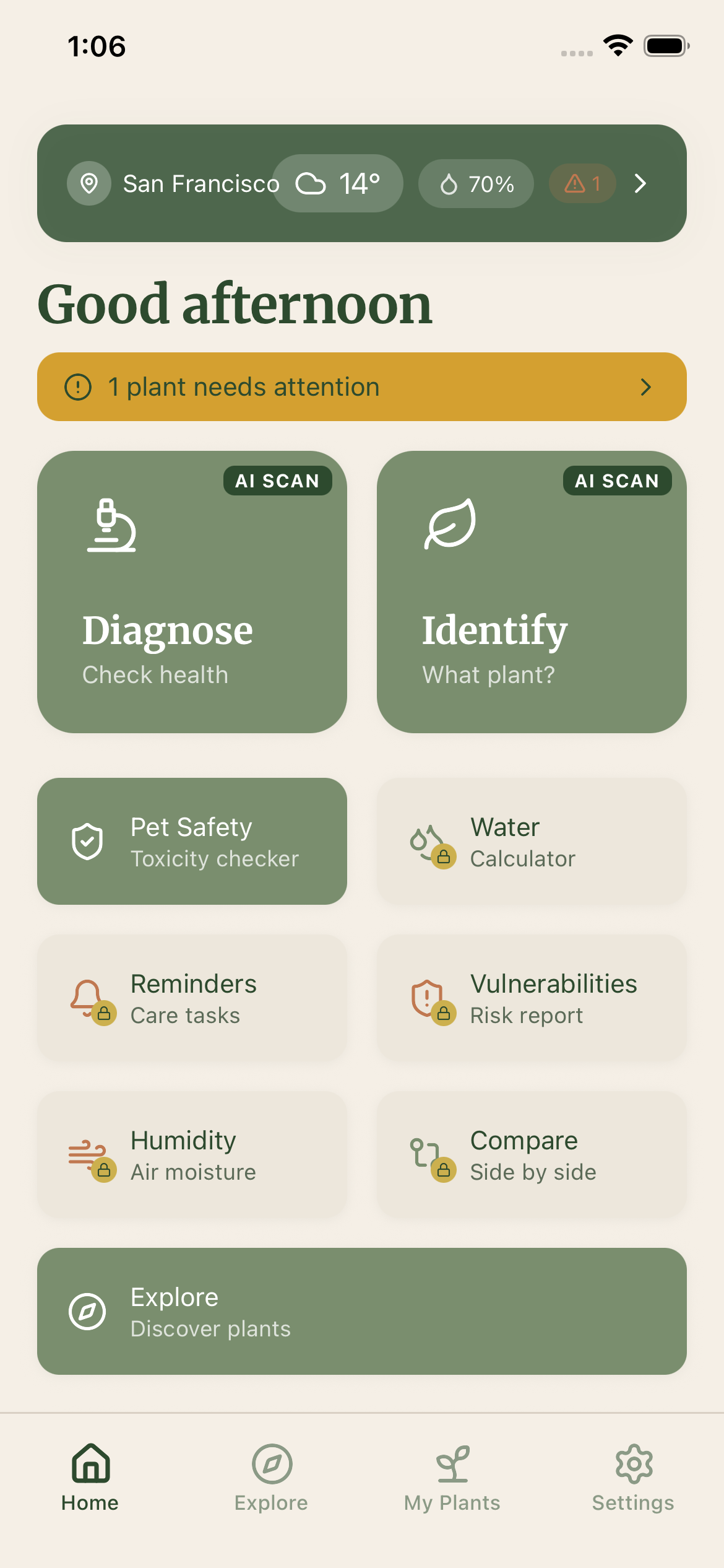 Plant Triage app home screen showing AI Scan tools for plant diagnosis and identification, weather integration, and care management features